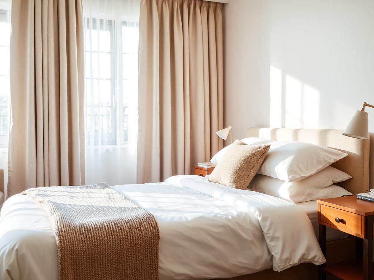 Freshly prepared bedroom with crisp white linen in a managed short-let property